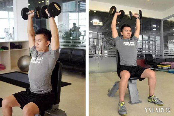 在家用哑铃锻炼手臂、肩部五个简单动作轻松训练动图:哑铃推举:30秒、侧平举:30秒、前平弯俯身臂屈伸。(图1)